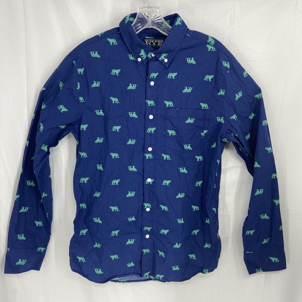 Hawker Rye Mens Medium Slim Fit Button Front Shirt Blue With Green Tigers